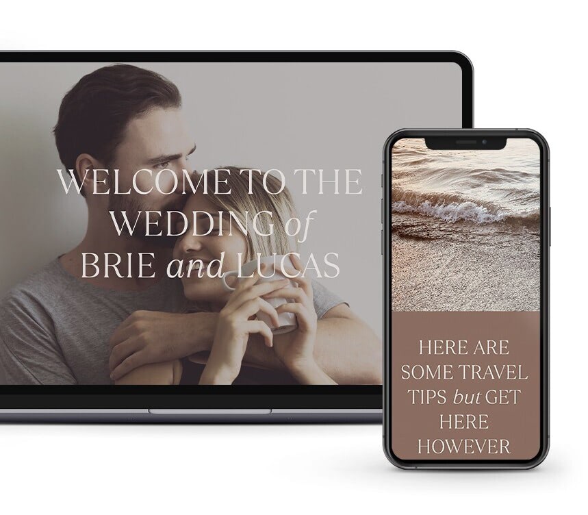 A laptop and phone screen showing a couple's beach-themed wedding website