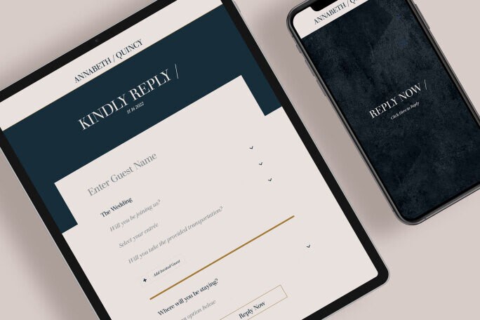 An iPad and iPhone screen showing a black and cream colored online RSVP form for a wedding invitation