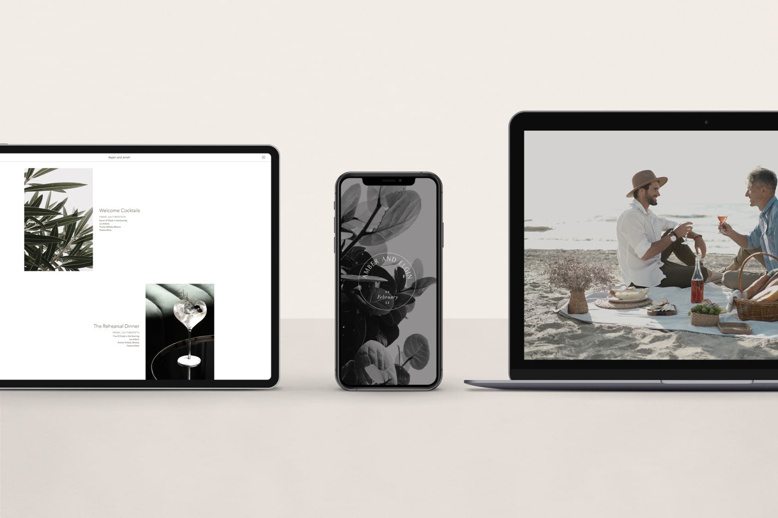 An iPad, iPhone and laptop screen showing wedding website images