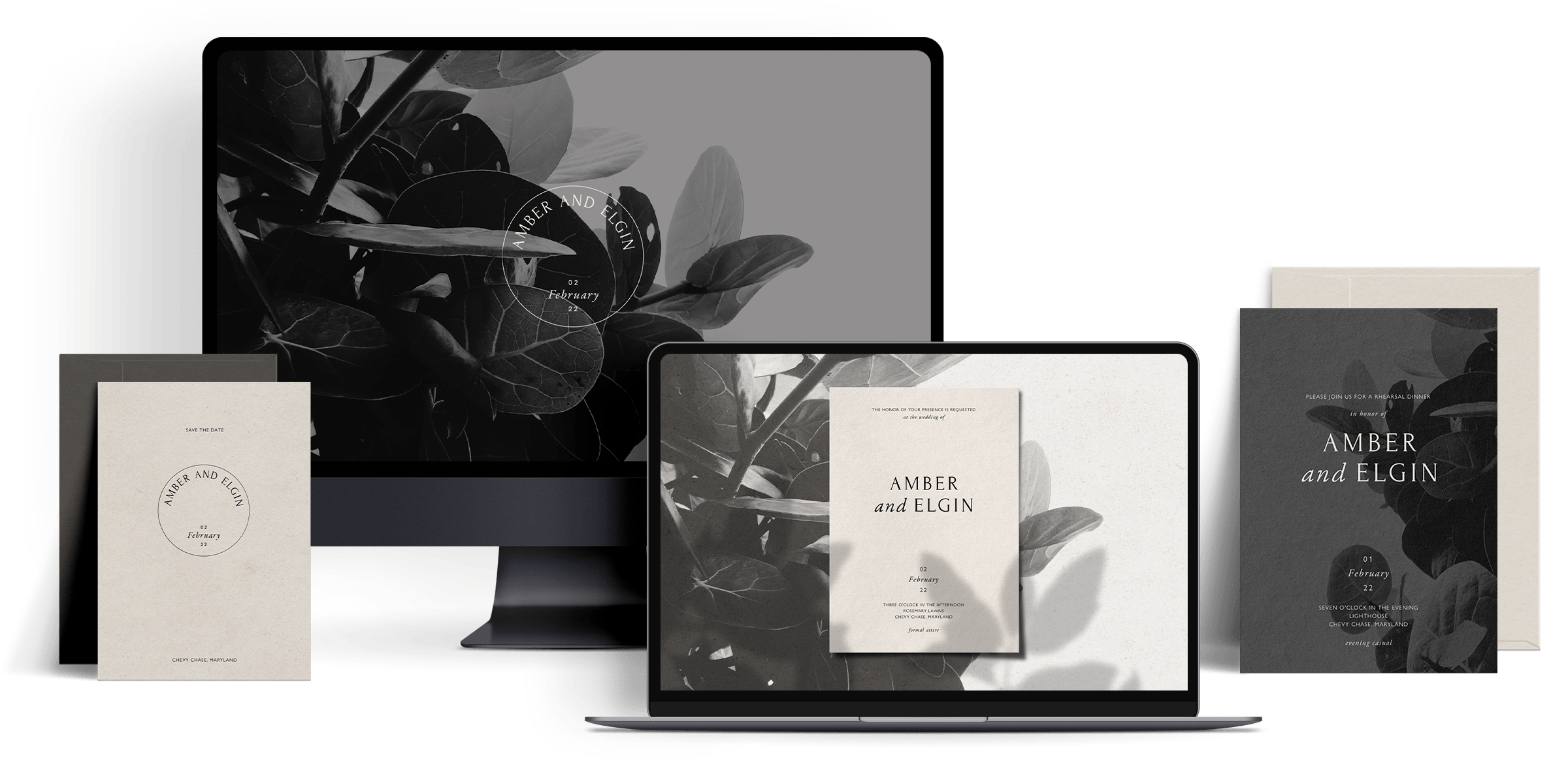 A monitor and laptop screen showing wedding website and online invitation, and printed wedding invitations with a black and white botanical design