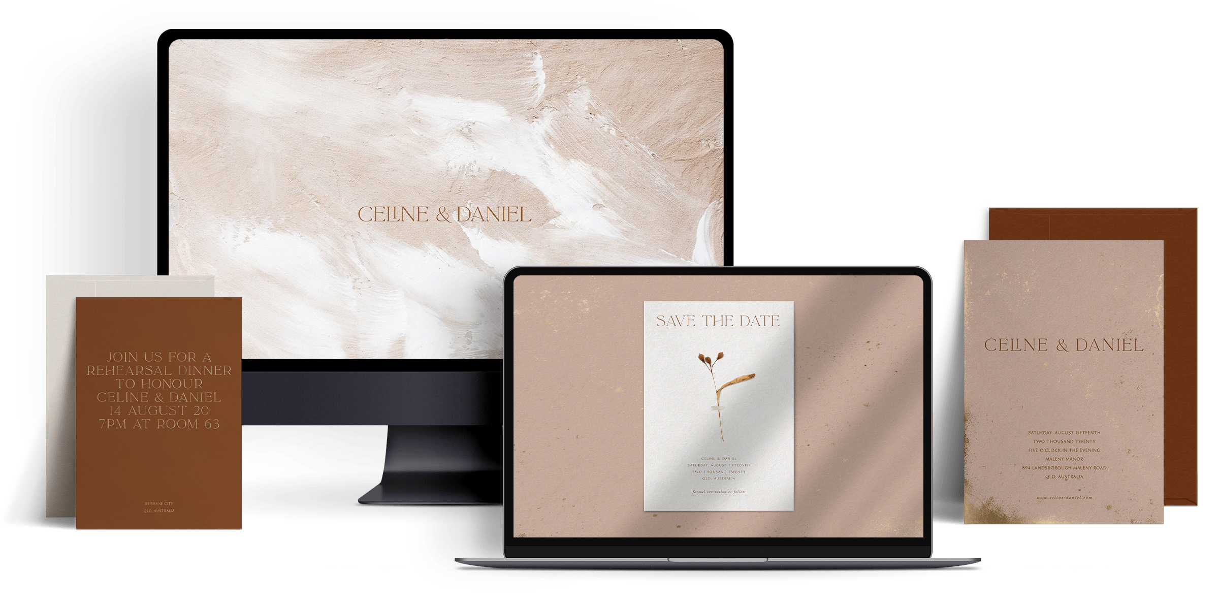 A monitor and laptop screen showing a pale pink wedding website and online invitation designs, plus coordinating printed invites