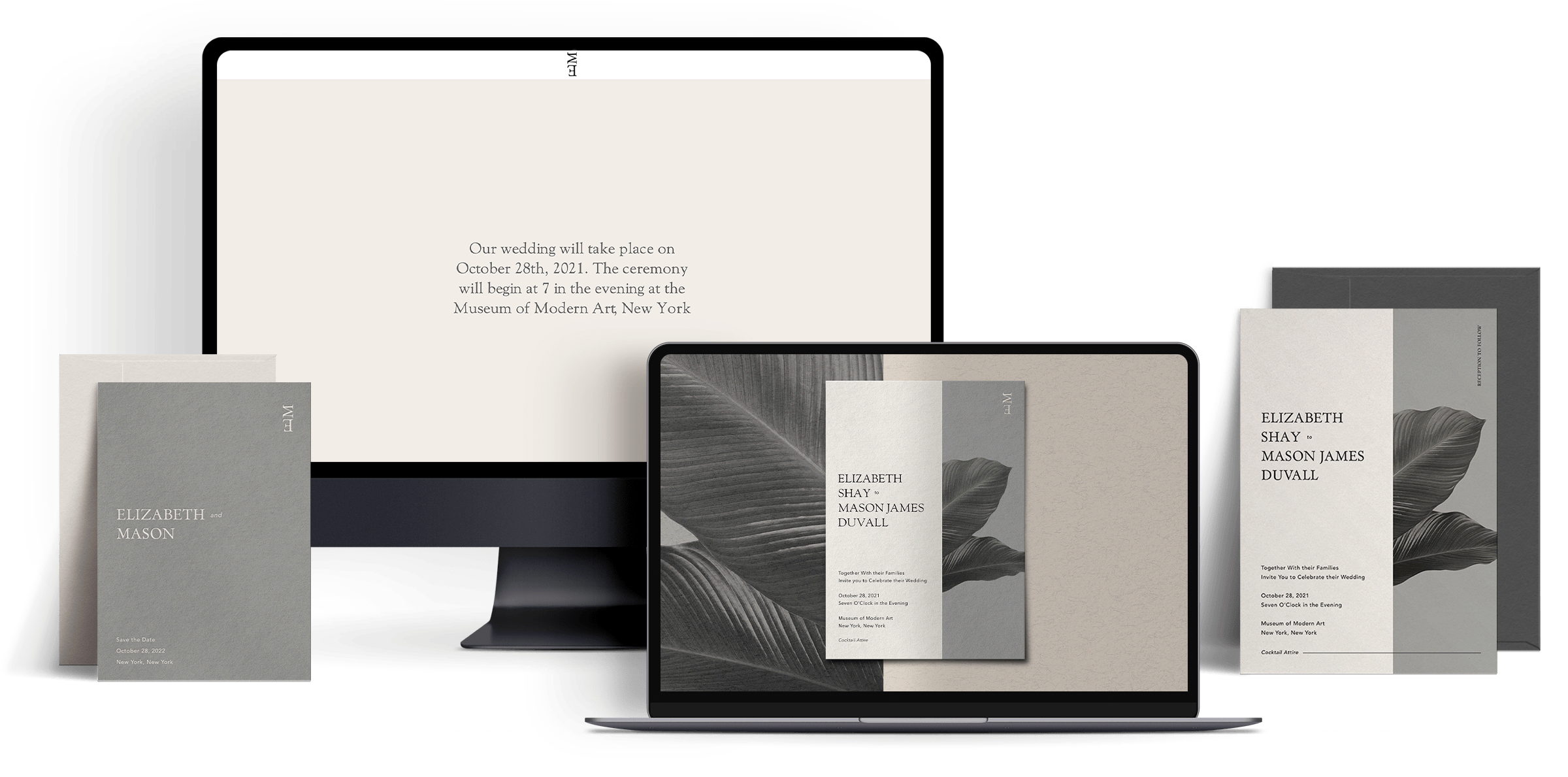 A monitor and laptop screen with wedding website and online invitation examples of a botanical design, with matching printed wedding invitations