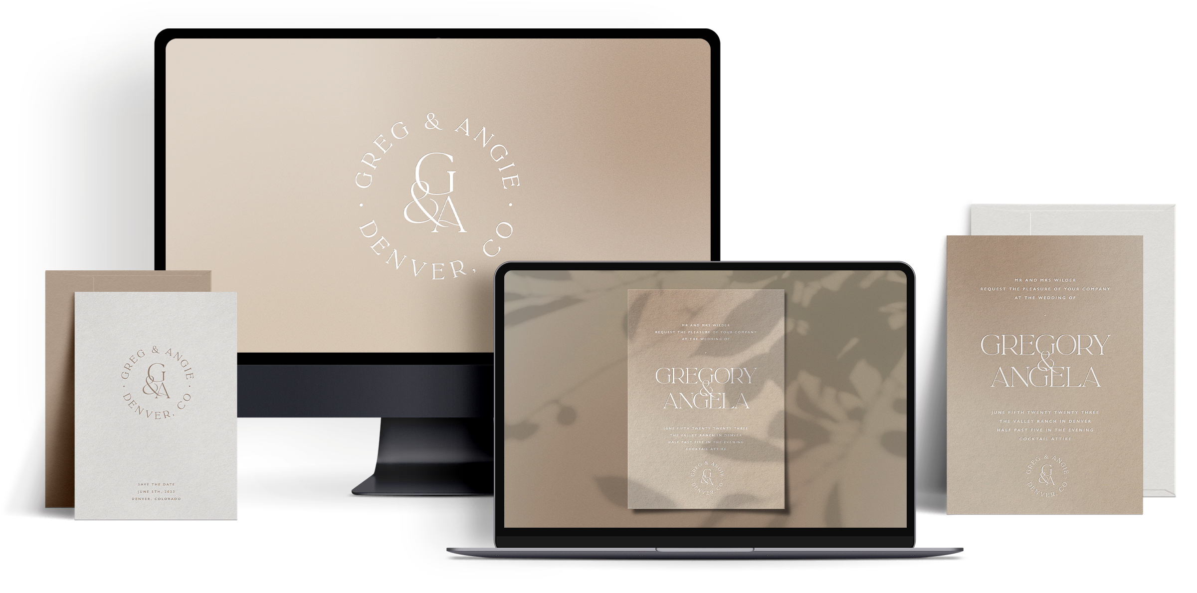 A monitor and laptop screen showing a beige-colored wedding website and online invitation, and matching printed wedding invitations